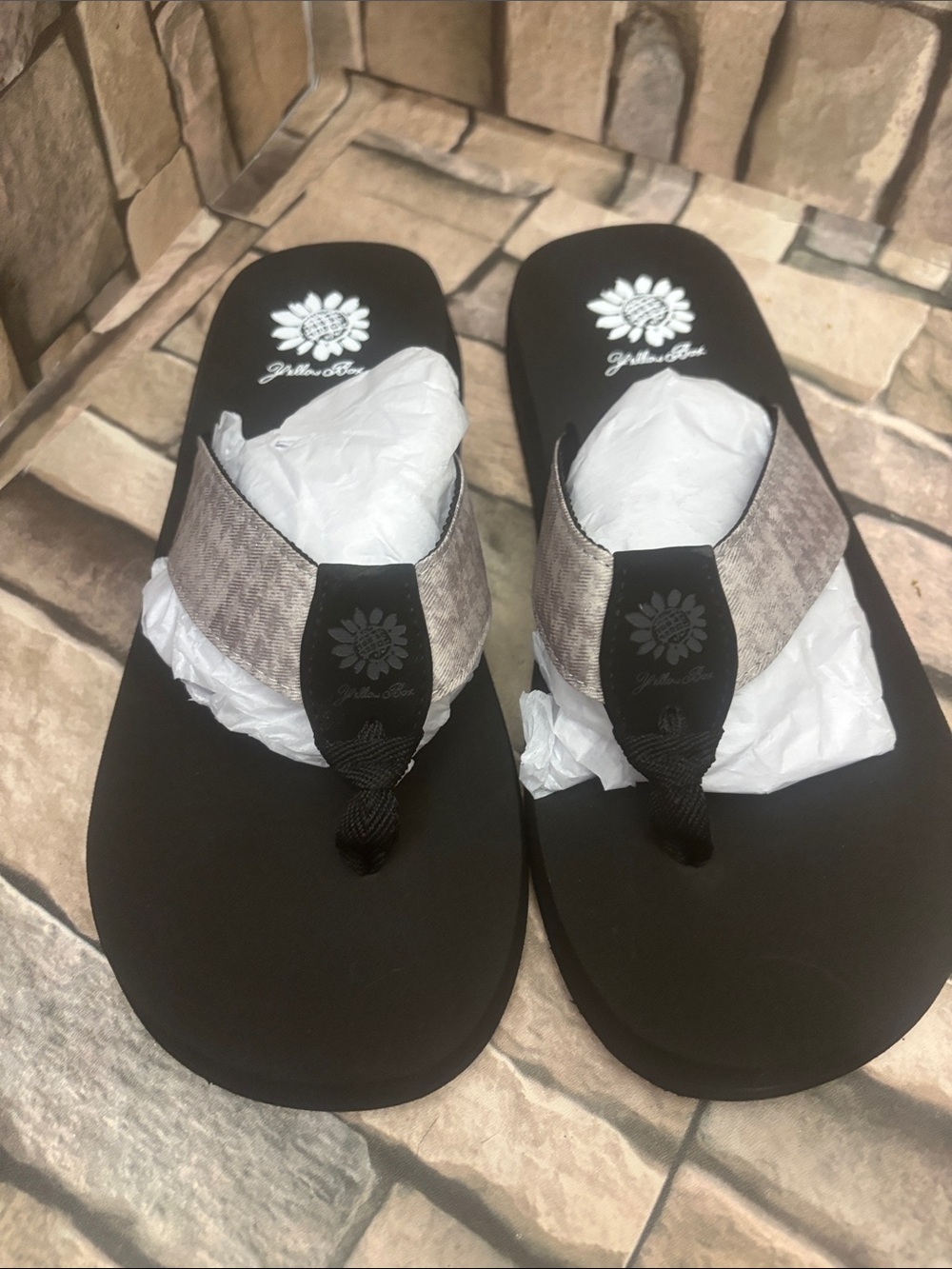 Yellow Box Black Sandals with Gray Straps